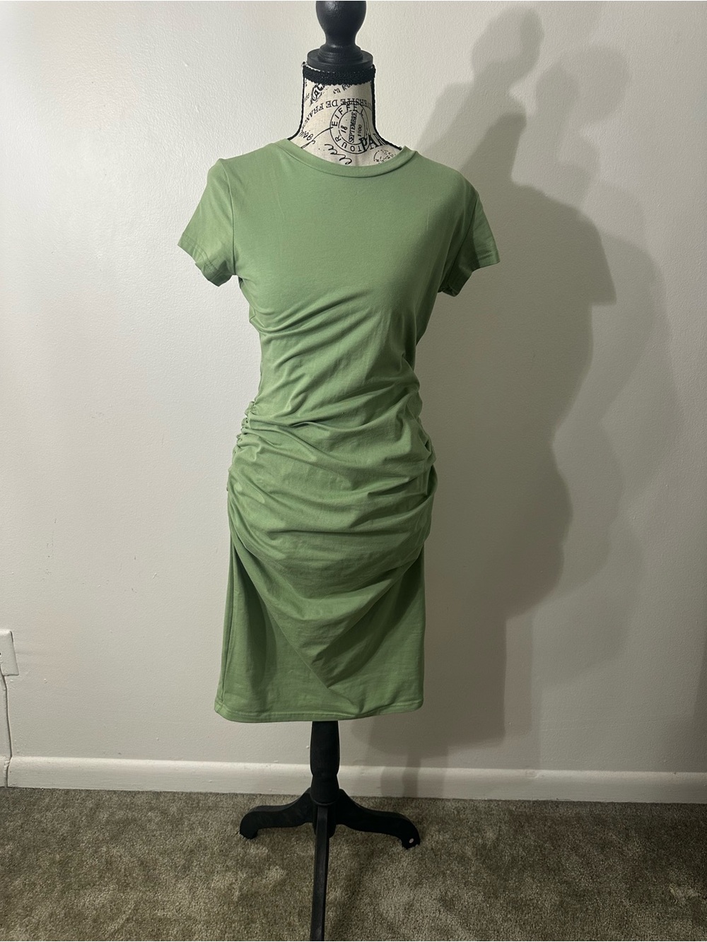 Olive Green Ruched Midi Dress | Short Sleeve | Size L | NWOT